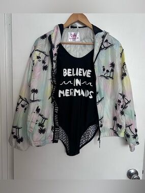 Girls Justice Pastel Palm Print Windbreaker w Black Swimsuit by Class Art Set